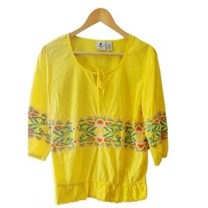 Caribbean Joe Yellow Floral Embroidered Boho/Peasant Top Size Medium